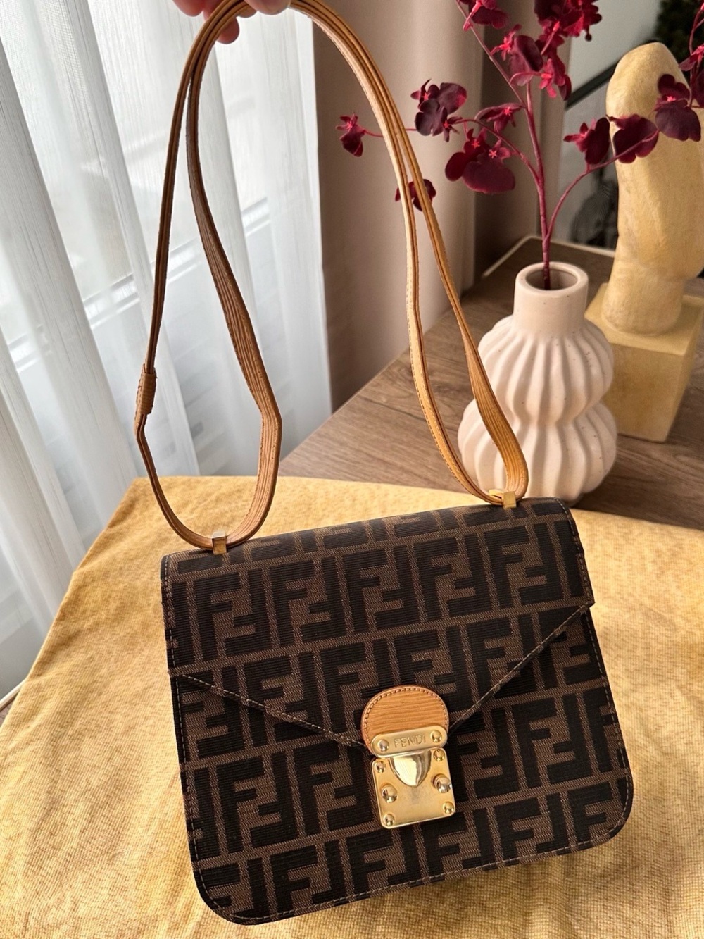 Fendi Brown FF Monogram Shoulder Bag with Tan Leather Strap